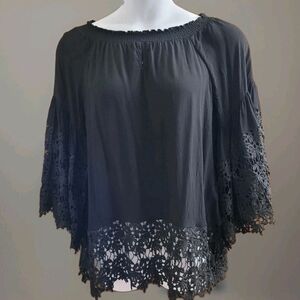 Colleen Lopez On/Off Shoulder Smocked Top Lace Black Sz PETITE Lrg Goth Bell Slv